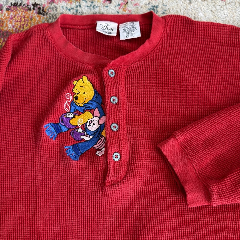 Vintage 90s The Disney Store Winnie the Pooh & Piglet Waffle Knit Henley Large